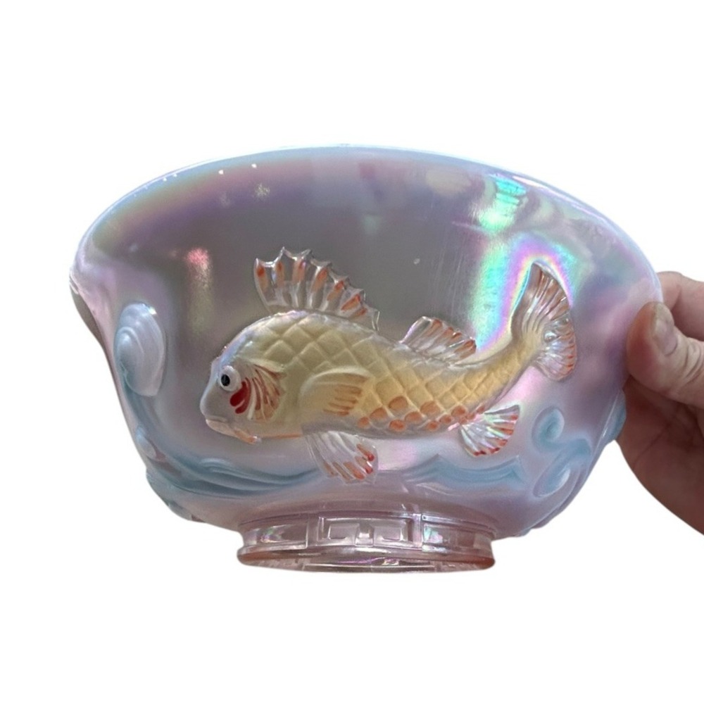 1990 Fenton Atlantis Pink Iridescent Carnival Koi Fish Bowl Sticker & Signed